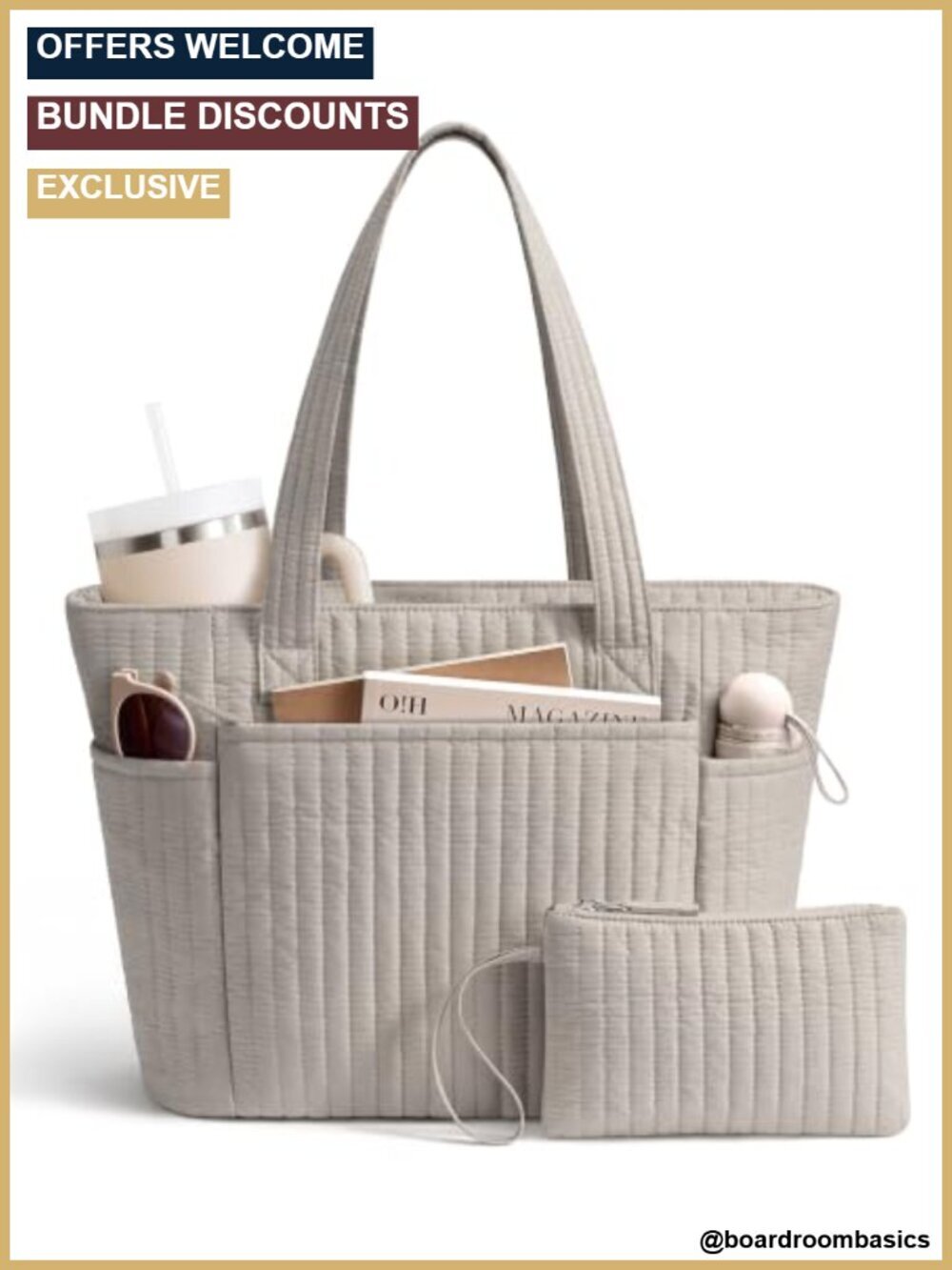 Quilted Cotton Tote Bag with 40oz Cup Holder - Laptop Work Bag